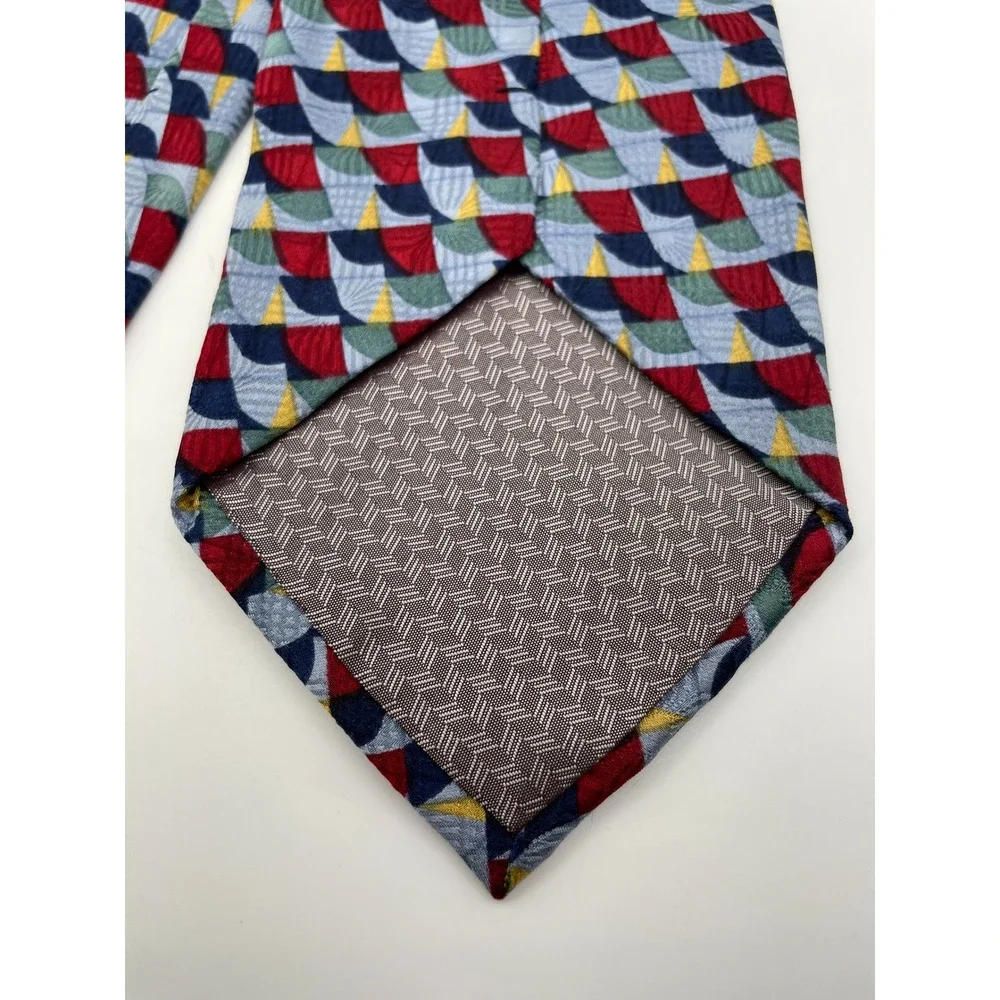 Pierre Balmain Couture Silk Tie Mens Red Blue Geometric Fan Mosaic Hand Made